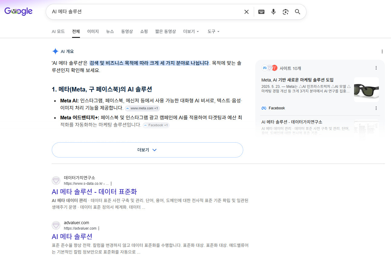 Google에서 ‘AI 메타 솔루션’ 검색 시 데이터가치연구소·애드밸류어가 1·2위, AI 개요에 직접 인용